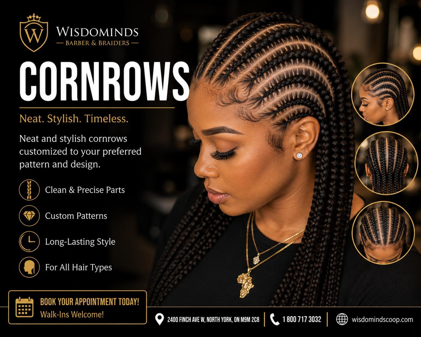 Women's cornrows at Wisdominds Barbers & Braiders
